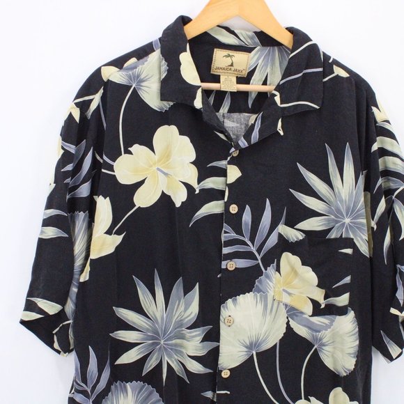 Jamaica Jaxx Hawaiian Silk Shirt Mens Black Button Down Floral Short Sleeve Sz L - Picture 3 of 9